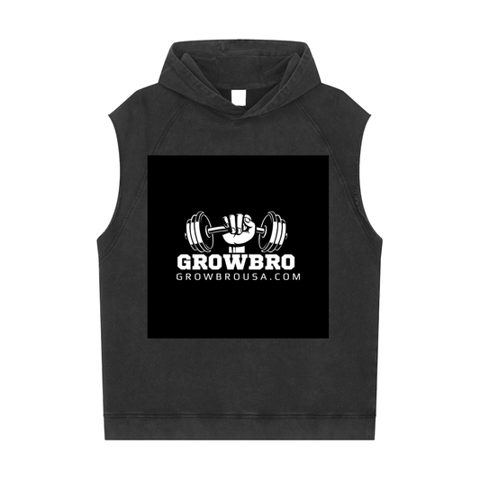 GrowBro Sleeveless Hoodie Snow Washed Men's Gymwear 100% Cotton