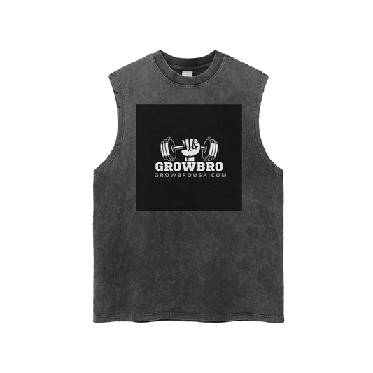 GrowBro Snow Washed Frayed Hem Tank Top Men's Gymwear 100% Cotton